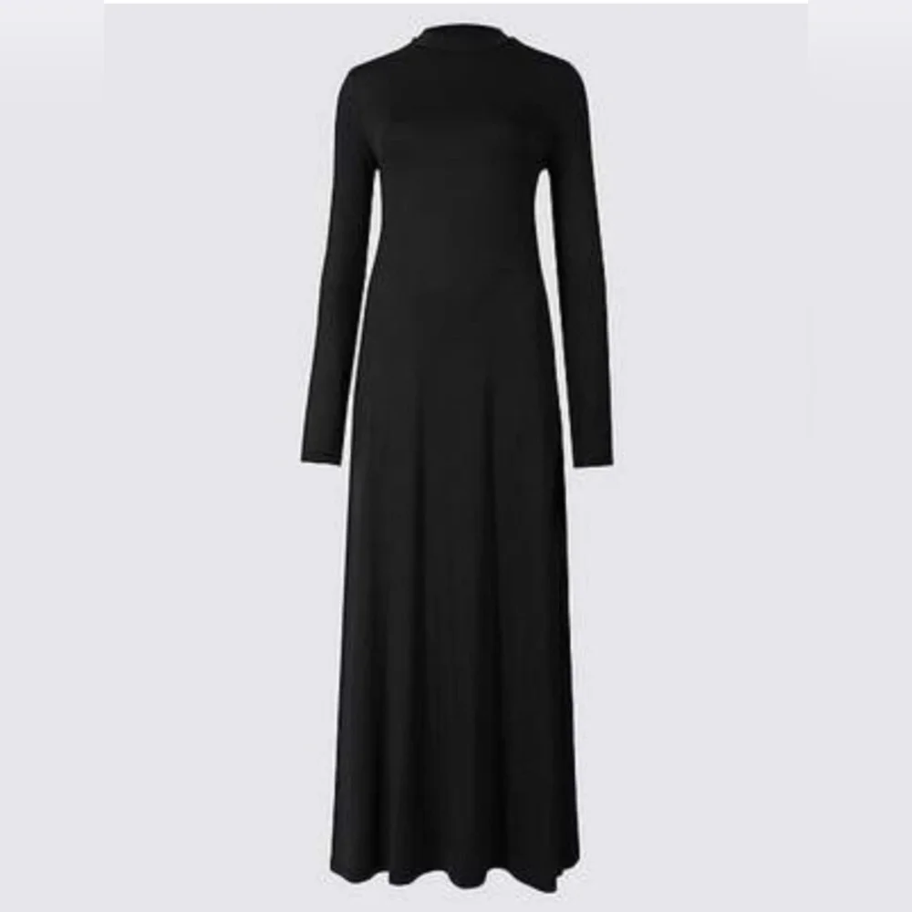 Free People “Beach” Black Mock Neck Longline Maxi Dress XS – Stretchy Boho Chic